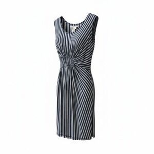 Studio M Women Navy Blue Grey Striped Ruched Cinched Sleeveless Midi Dress M